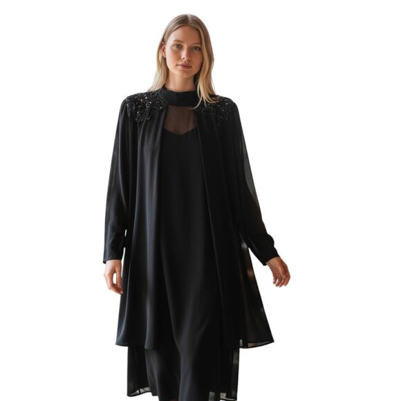 1980s Ursula of Switzerland Black Sequin Shoulder Pad Mock Neck Dress, Size 6-8 - Picture 1 of 9